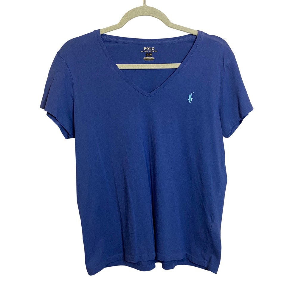 Polo Ralph Lauren Womens V-Neck T-Shirt Blue Cotton Short Sleeve Logo XL